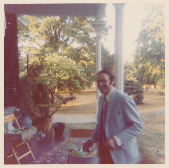 A photo of William J. Birnes, publisher emeritus of Shadow Lawn Press, on his side porch the day of his post-wedding party in October, 1980.